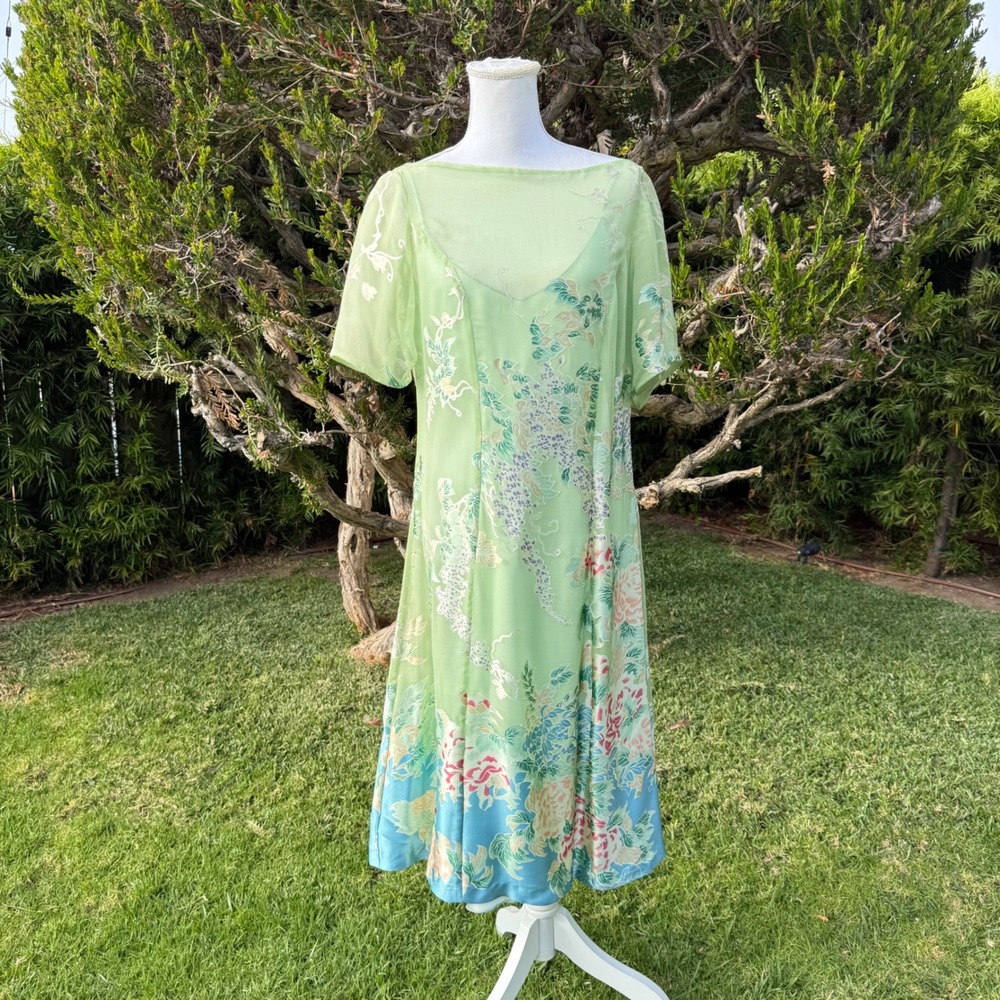 Hartnell Silk Floral Embroidered Midi Dress Lime Green Sheer Overlay Women Large